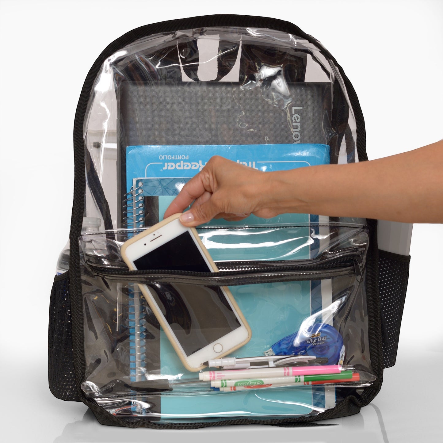 Transparent Backpack with Reinforced Black Marine Nylon Padded Straps, Heavy Duty and Strong Transparent 0.14mm Polyvinyl Chloride Material (PVC Plastic), Backpack Approved for Schools, Stadiums, Travel and More.